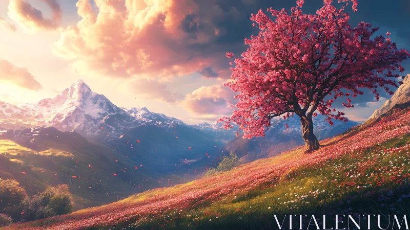 Blooming cherry tree crowns a glowing alpine valley at dusk.