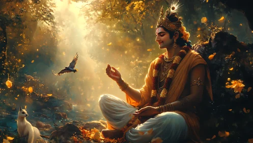 Gentle forest deity rests among animals and golden light