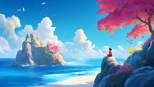 Solitary dreamer gazes across luminous waters toward flowered horizons