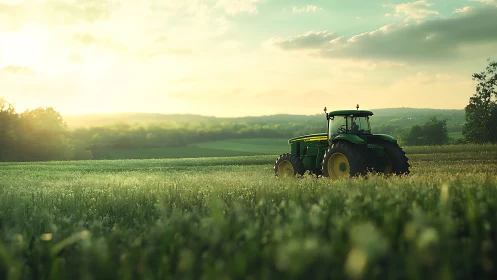 Gentle sunrise light bathes a green tractor in open fields