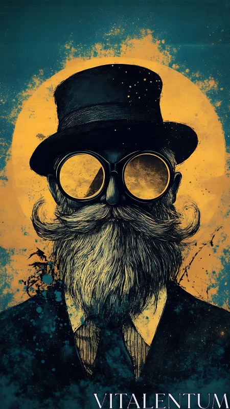 Steampunk gentleman silhouette under golden halo glow.