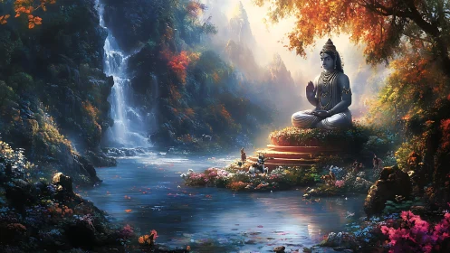 Serene deity statue beside waterfall in lush fantasy valley.