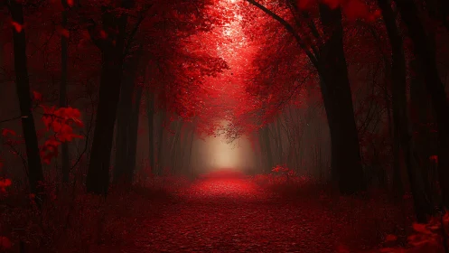 Red Forest Pathway Through Autumn Trees.