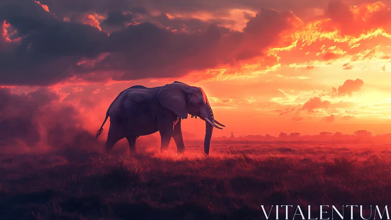 Solitary dusk elephant strolling through ember-tinted savanna.