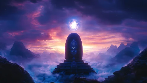 Cosmic lingam temple rising through ethereal violet clouds.