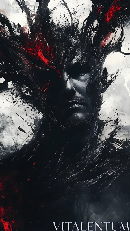 Dark fragmented portrait with swirling black and red forms.