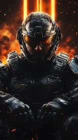 Brooding sci fi soldier sits ready amid blazing orange light