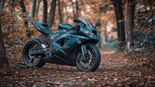 Sport motorcycle rests on leaf-covered forest dirt path
