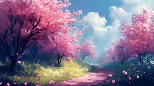 Cherry tree path under blue sky with distant cumulus clouds.