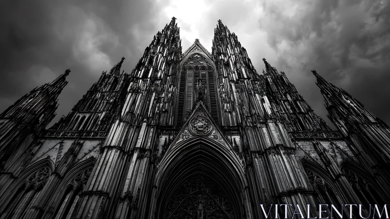 Gothic cathedral towers reaching into a moody storm sky.