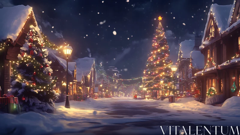 Snowlit Christmas village street aglow with festive wonder.