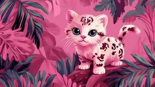 Tiny jungle leopard kitten patrols a neon pink paradise