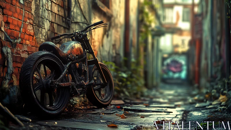 Rusty alleyway motorcycle resting in soft evening light.