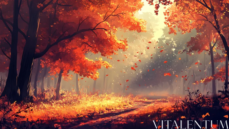 Autumn Forest Ablaze With Falling Leaves and Golden Light