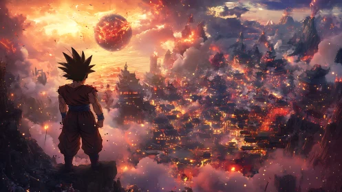 Saiyan warrior overlooks burning cyber-fantasy metropolis.