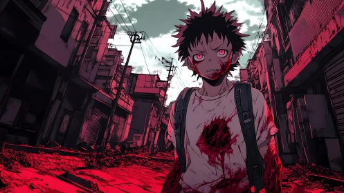 Bloodied anime boy stands in ruined red city street