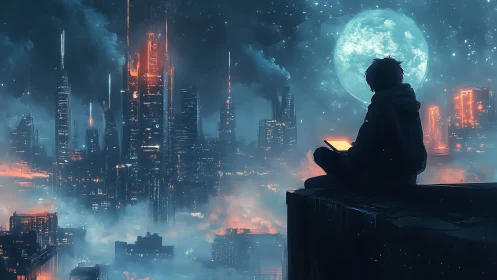 Moonglow coder keeps vigil above ember-lit cyber city