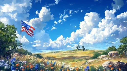 American flag in luminous desert wildflower landscape painting.