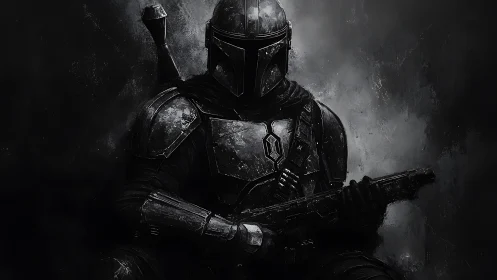 Lone armored wanderer resting within a storm of shadows.