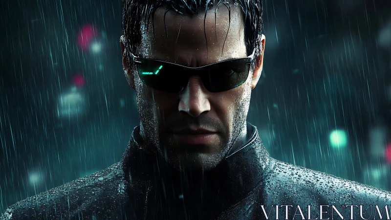 Cool cyber protector stands calm and focused in neon rain