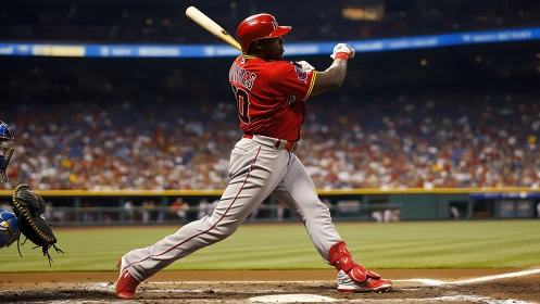 Confident baseball slugger sending a powerful hit skyward.