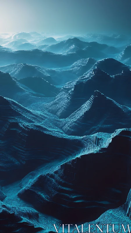 Dreamy blue digital seascape of waves and sculpted ridges.