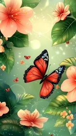 Gentle red butterfly drifting through glowing garden blooms.