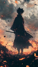 Silhouetted swordsman amid rising embers and dense clouds.