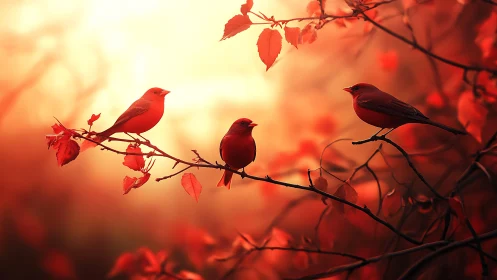 Crimson songbirds bask in molten autumn sunset glow.