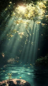 Sunbeams pour secrets into a hidden turquoise forest pool