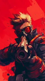 Crimson gunslinger locks aim inside a storm of heat and noise.