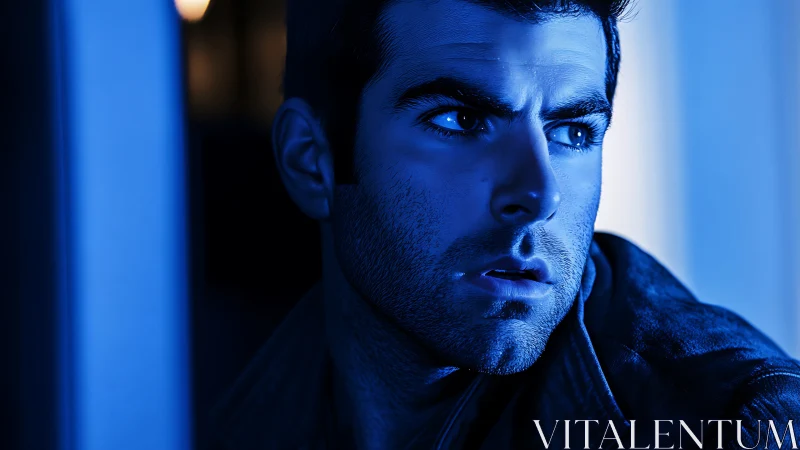Intense blue portrait of man in dramatic side lighting.