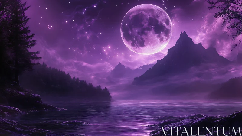 Purple moon dominates misty mountain lake under star field