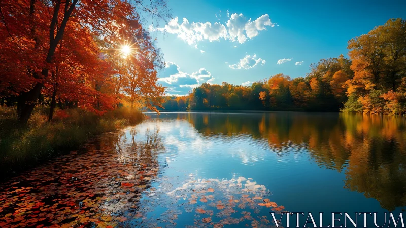 Autumn deciduous forest surrounding reflective lake surface.