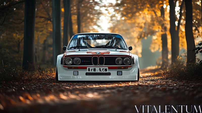 Classic BMW race car stands centered on sunlit forest road