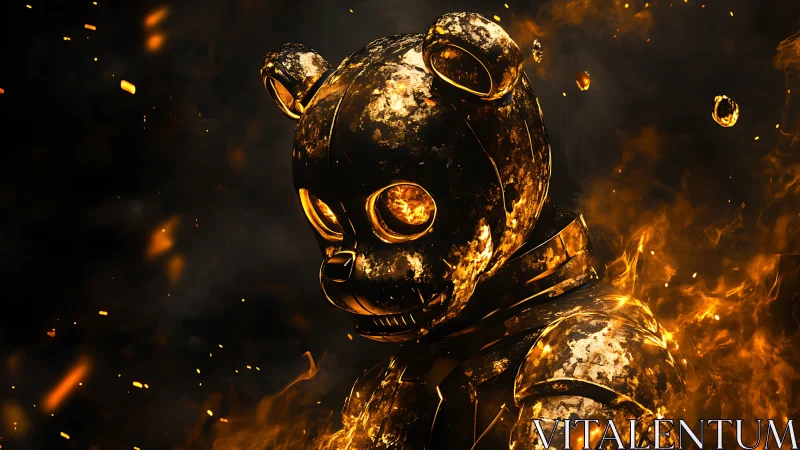 Burnished robotic bear engulfed in incandescent flames