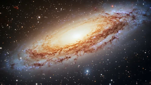 Spiral galaxy viewed edge-on displays dust lanes and core