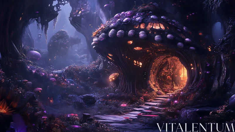 Mushroom cottage hums with lantern-lit secrets in violet dusk