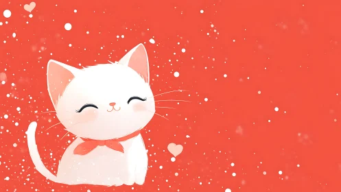 Cute White Cat with Hearts on Vibrant Red Background