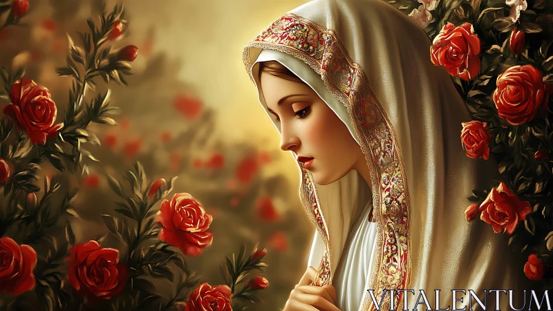 Digital painting portrait of veiled woman in rose garden symmetry.