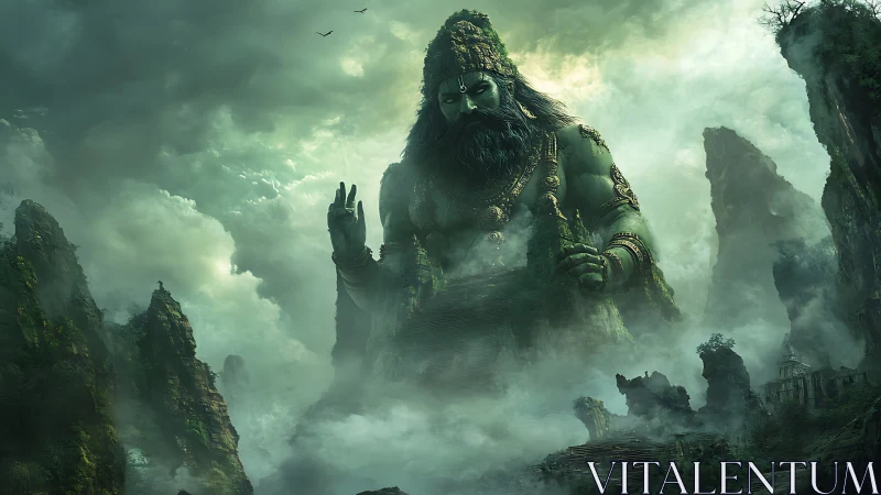 Colossal forest deity emerging from misty ancient cliffs.