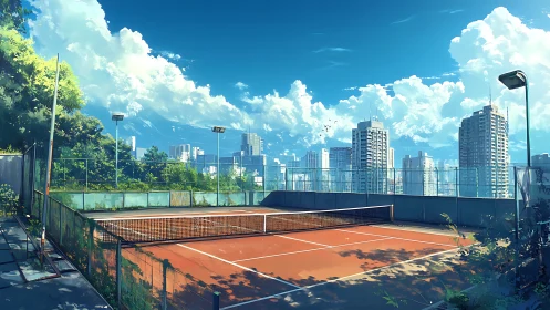 Sunlit rooftop tennis court overlooks a calm urban skyline
