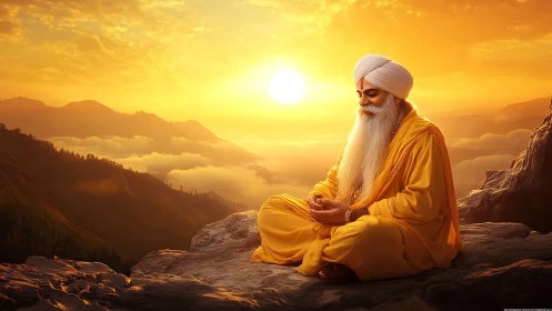 Elderly guru in yellow robes meditating on mountain at sunset