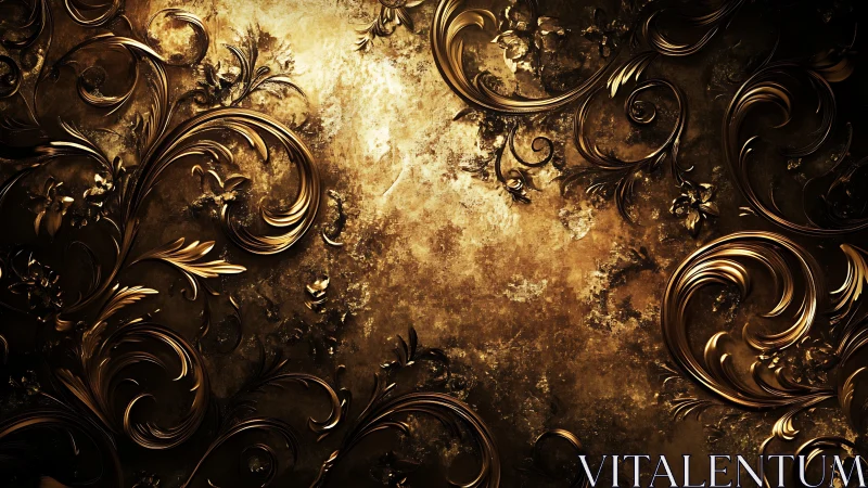 Baroque metallic scrollwork on distressed golden textured panel
