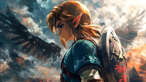 Heroic elf warrior stands solemnly before stormlit skies.