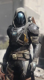 Hooded sci fi warrior stands in detailed exo armor.
