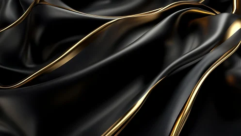 Luxurious black silk fabric with elegant golden highlights, abstract style.