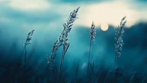 Blue dusk meadow grasses with soft bokeh horizon glow.