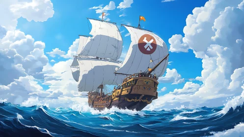 Wooden galleon cuts through bright midday ocean swells