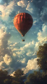Crimson hot air balloon ascending through sunlit cumulus sky.